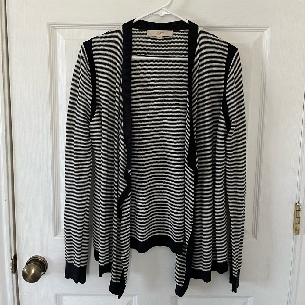 LOFT Black and White Striped Cardigan
